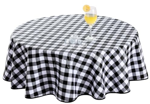 Romanstile karierte Wachstuchtischdecke rund 140 cm Schwarz outdoor Tischdecke Wetterfest,PVC Tischdecken Draußen Schmutzabweisend für Garten,Terrasse,Balkon,Party,Hochzeit,Spielzimmer,Frühling,Sommer
