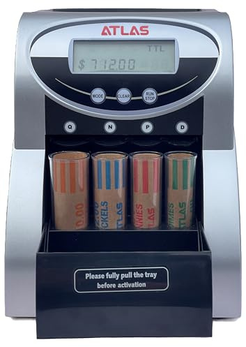 ATLAS Automatic Coin Counter and Coin Sorter with Digital Display (AC-150D) - 5 Coin Counting Modes: Total, Pennies, Nickels, Dimes, Quarters. Auto-Stop When Coin Roller is Full.