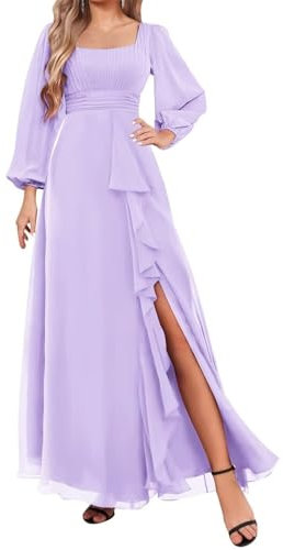 HPPEE Abito da damigella d'onore a maniche lunghe da donna, con spacco, plissettato, in chiffon, abito da sera formale, Lilla, 50