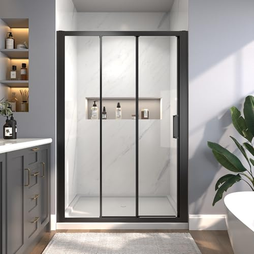 44-48 W x 70 H Tri-Fold Sliding Shower Door, 1/4 (6mm) Clear SGCC Tempered Glass Shower Door with Easy-Clean Coating, 24 1/4 Walk-in, No-Cutting Adjustment, Reversible Installation, Matte Black
