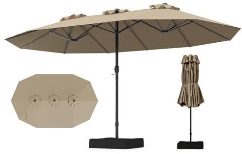 GOPLUS Parasol de Jardin Exterieur avec Pied, 4,5M Grand Parasol Rectangulaire Double Face, avec Manivelle, 12 Baleines, Base avec Sacs à Sable, pour Piscine Jardin Terrasse (Marron)
