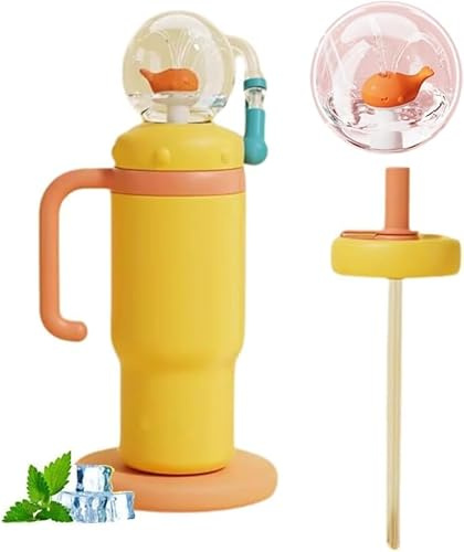 24oz Fontän Tumbler Rostfritt Stål Whale Fountain Tumblers Med Handtag, Spillsäker Isolerad Vattenflaska Med Två Lock, Söt Fontän Tumbler, Yellow, 100 ml