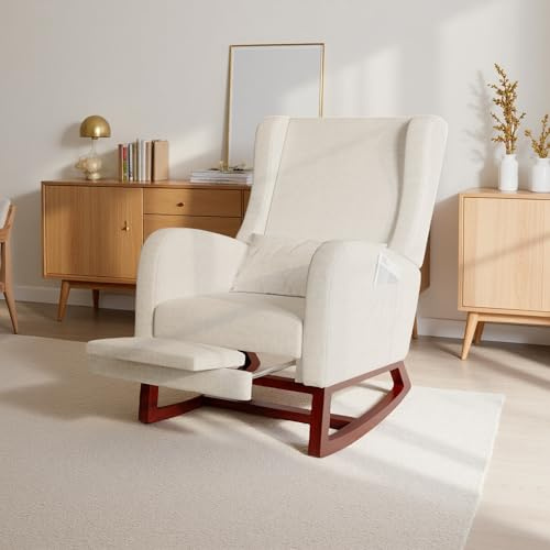 Sedia a dondolo, sedia a dondolo con poggiapiedi, poltrona da allattamento, sedia a dondolo con schienale alto, per soggiorno, camera da letto, cameretta dei bambini, cotone e lino, beige