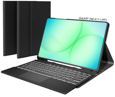 Doohoeek Coque avec Clavier pour Samsung Galaxy Tab A11+ Plus 11 Pouces 2025 / A9+ Plus 2023, Keyboard Bluetooth Rétroéclairé avec Pavé Tactile Multi-Touch, AZERTY