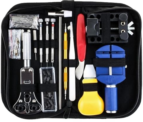 Kit di strumenti per riparazione orologio (147 pezzi), kit di sostituzione batteria orologio professionale, rimozione collegamento e retro, set di strumenti barra a molla con custodia per il trasport