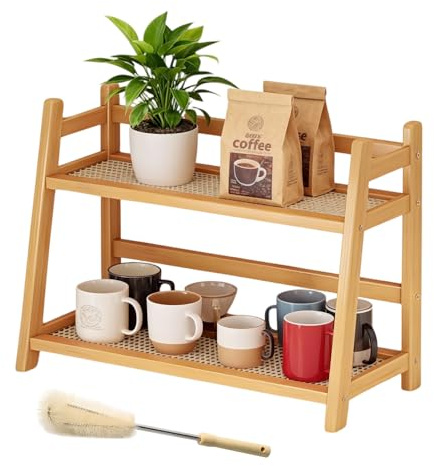 Étagère à Épices, Organiseur de Station de Café Aspect Osier, Organisateur de Cuisine à 2 Niveaux en Bambou Imitation Rotin, pour Accessoires de Thé, Café, Bar, Matcha, Avec Brosse à Tasse(45cm)