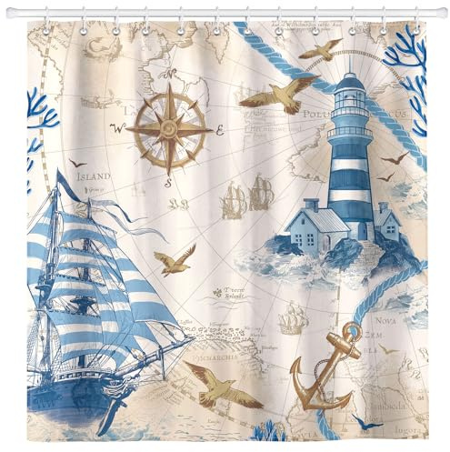 Arquiel Duschvorhang Nautisch Strand Waschbar 182X182 cm Polyester Badezimmervorhang Dekor Segelboot Leuchtturm für Bad Dusche Badezimmer Mit 12 Ösen und Ringen