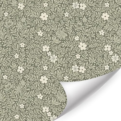 TOARTi Vintage Green Floral Wallpaper White Flower Peel and Stick 44x300cm