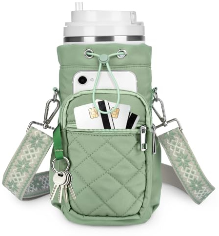 Pomodee Bolsa para Botella de Agua 1,2 L Aislada, Bolsa de Transporte con Bandolera Ajustable y Bolsillo para Teléfono – Portabotellas Térmico, Funda para Senderismo, Viaje y Aire Libre (Verde)