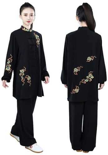 Unisex Chinoiserie Silk Tai Chi Uniform for Women Auspicious Clouds Embroidery Chinese Kung Fu Suit Martial Arts Clothing Set For Mother X-Large Black