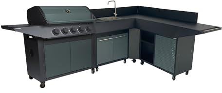 Cocina de Exterior BURN 80 PREMIUM en L con Barbacoa de Gas, Fregadero, Aparador y Módulo de Esquina, 5 Quemadores, 14 kW