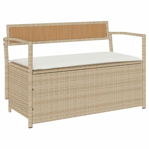 Yisssmeng Gartenbank mit Stauraum Beige Poly Rattan Truhenbank mit Auflagenbox Sitzbank 2-Sitzer für Garten Balkon Terrasse inkl. Sitzkissen und Gasdruckfeder 111,5 x 54 x 74 cm