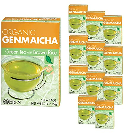 Eden Genmaicha Organic Green Tea, Sencha Green Tea with Roasted Organic Brown Rice, Japanese, 16 Unbleached Manila Tea Bags/Box (12-Pack Case)