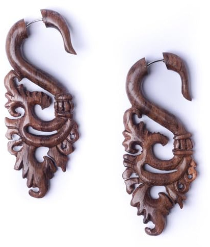 81stgeneration Handgeschnitzte Lange Fake-dehner-ohrringe aus Holz mit Verzierter Blattranke | Tribal Faux Gauge Ear Taper für Frauen | Naturholzschmuck für Festivals