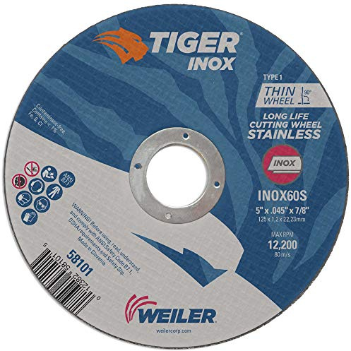 Weiler 58101 5 Inch Cutting Wheel, Tiger Inox Stainless Steel Contaminant-free High Performance Cutting, .045 INOX60S Type 1 7/8 Arbor, Pack of 25