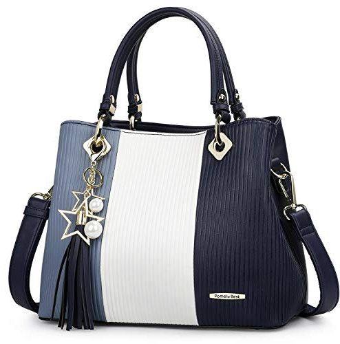 Pomelo Best Sac à Main Femme Bandoulière Cabas Sac D'épaule Fourre-Tout PU Cuir frange avec bandoulière ajustable, Bleu Foncé/Blanc