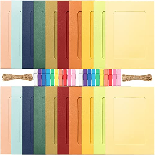 Paper Frames for 5 x 7 Photos 20 PCS Picture Frames Kraft Photo Frame Wall Hanging Cardboard Frames with Wood Clips and Jute String (10 Colors)