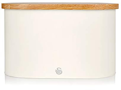 Swan SWKA17512WHTN Nordic Oval Bread Bin with Cutting Board Lid, Carbon Steel Body, Airtight Bamboo Lid, White