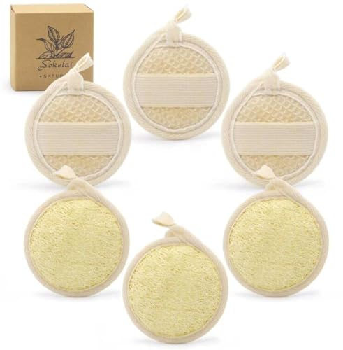 Exfoliating Loofah Sponge Pads Face loofa Brush 6 Pack 3.15 inches Made of 100% Natural Luffa Body and Facial Scrub Pad Personal Care Close Skin for Men and Women for Bath Spa and Shower