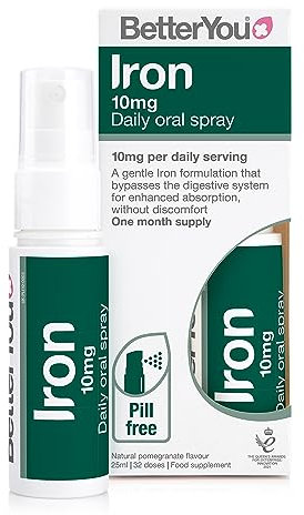 BetterYou Iron Supplement, High Strength Iron 10 Liquid Oral Spray for Men and Women, Fast-Acting to Support Energy & Immune System, Gentle on Stomach, Natural Pomegranate Flavor, 25ml
