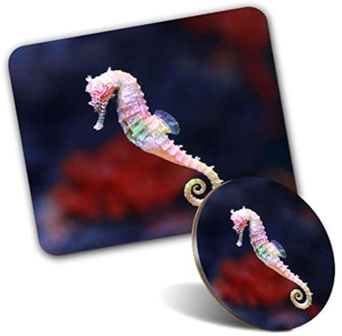 Rectangle Mouse Mat & Round Coaster Set - Pink Seahorse Fish Ocean 20 cm & 9 cm for Computer & Laptop, Office, Gift, Non-slip Base #15882