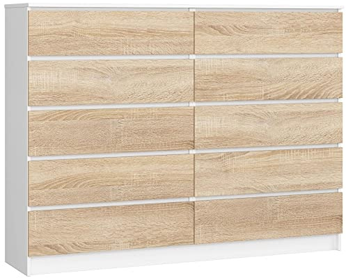 AKORD Kommode K160 160 cm | 10 Schubladen | für das Wohnzimmer | für das Schlafzimmer | für das Arbeitszimmer | Büro | B160 x H121 x T40 cm | Gewicht 101,75 kg | Weiß/Sonoma Eiche