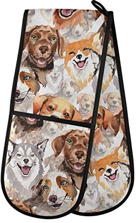 Double Oven Gloves Labrador Husky Corgi Dog Face Heat Resistant Pot Holder Oven Mitt Gloves for BBQ Cooking Baking Grilling Microwave