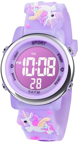 Vicloon Kids Watch, Toddler Digital Watch LED Electrical Watches 7 Color Lights with Alarm Stopwatch Unicorn Valentine's Day Gift for 3-10 Year Girls (Light Purple)