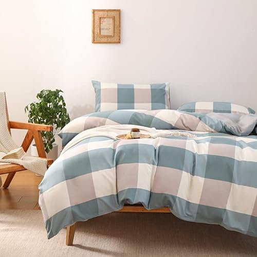 NSNLGSGC King Plaid Duvet Cover Set Grayish Blue - Buffalo Check Simple Geometric Square Pattern Bedding Set,Modern Soft Washed Microfiber Comforter Cover (3PCS,King)