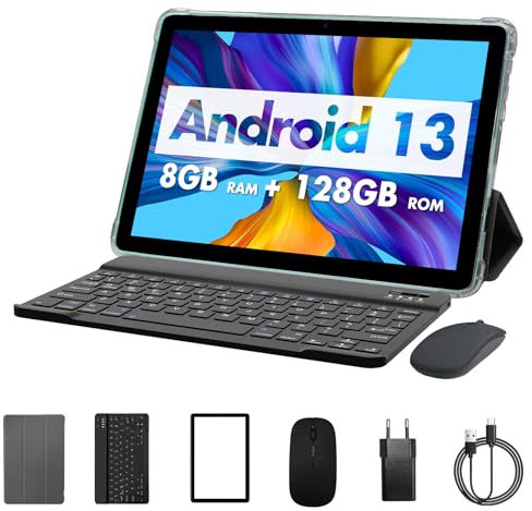 PRITOM 10-Zoll-Android-14,3-in-1-Tablets, 8 GB, 128 GB, erweiterbar auf 1024 GB, 8000 mAh, WLAN-Tablet, Qcta-Core-Prozessor, WLAN 6, Bluetooth, Tablet-PC mit Tasche, Tastatur, Mäusen, Teal