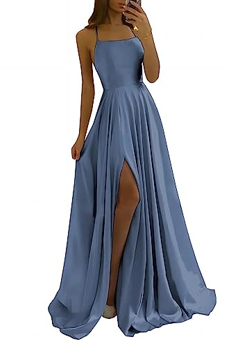 xxxiticat Vestido largo para mujer, elegante, de satén, línea A, vestido de noche, sexy, espagueti, vestido de novia, vestido largo de princesa de dama de honor, Piedra azul, M