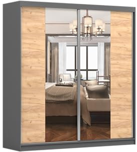 Fabryka Mebli Idźczak Kleiderschrank mit Spiegel, Schiebetüren - Schwebetürenschrank, Schlafzimmerschrank - ‎61 x 203 x 218 cm - Schrank für Schlafzimmer, Ankleidezimmer, Garderobe - Grau