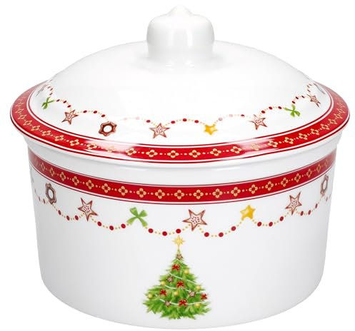 MamboCat Weihnachtstraum Gebäckdose mit Deckel I 960ml I runde Keksbox mit Weihnachtsdekor I Vorratsdose aus Porzellan für Gebäck & Plätzchen I für Weihnachten, Nikolaus, Advent, Christmas