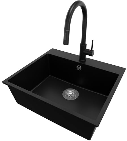 PRIMAGRAN Fregadero Granito al Mueble 60cm + Grifo, 58x50cm | Set: Grifo BW9010 + Kit de desagüe (sifón, válvula, rebosadero) + Riga 1 Seno para Cocina, Negro