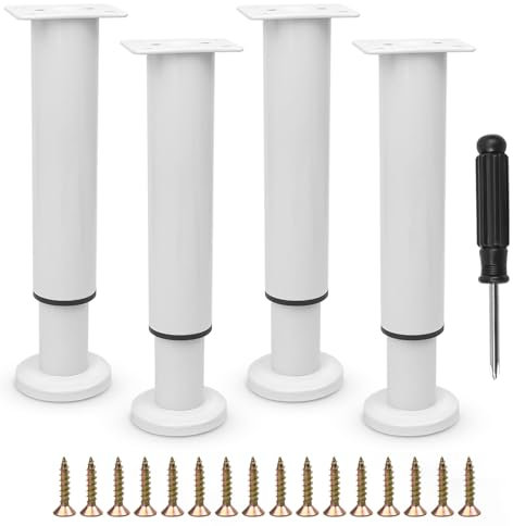 Furniture Adjustable Legs, Metal Bed Support Leg Central Slat Frame Couch Replacement Support Leg Part Heavy Duty Furniture Foot with Screwdriver for Cabinet/Dresser/Table/Sofa 18-32cm (White 4 Pcs)
