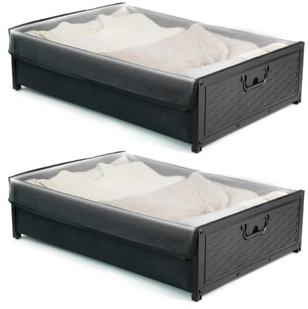 eusbon Unterbettkommode mit Rollen und Abdeckung, großes Fassungsvermögen, Metall-Unterbett-Aufbewahrungsbehälter für Schlafzimmer, Kleidung, Schuhe, Bücher, Organizer, 2 Stück