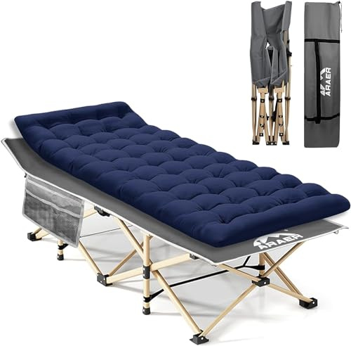 ARAER Camping Cot, 450LBS(Max Load), Portable Folding Outdoor Bed with Carry Bag for Adults Kids, Heavy Duty Cot for Traveling Gear Supplier, Office Nap, Beach Vocation and Home Lounging (Navy Blue)