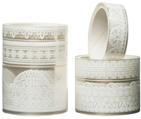 KAVI' S 6 rullar spetsmönster washi tejp set PET maskeringstejp dekorativ tejp för scrapbooking, presentförpackning, semesterdekoration (ren vit)