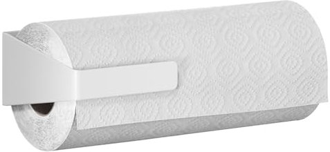 tesa Küchenrollenhalter Wand ohne Bohren – selbstklebender Papierrollenhalter zur Wandmontage horizontal & vertikal – platzsparende Küchenrollen organizer Aufbewahrung – Küchenzubehör in Weiß
