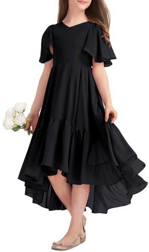 Haloumoning Robe d'été pour fille - Col en V - Robe à volants - Décontractée - Robe trapèze - Robe de soirée longue et élégante
