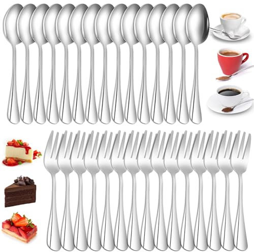 Kuchengabel Und Kaffeelöffel Set,30 Stück Teelöffel Und Kuchengabeln Aus Edelstahl,Teelöffel Kuchengabeln Set,Edelstahl Löffel Und Gabeln Für Party Hochzeits,Restaurant,Party,15 Gabeln+15 Löffel