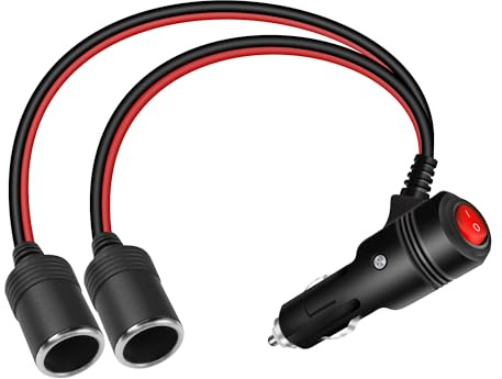 GELRHONR Zigarettenanzünder Verteiler, 12V 24V 2 Weg Zigarettenanzünder Verlängerungskabel mit ON OFF Schalter, 1 bis 2 Stecker zu Buchse Verlängerungskabel-0.2M(1 to 2)