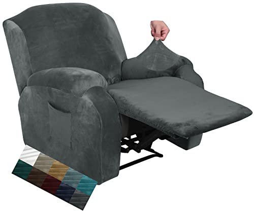 CHELZEN Funda de Sillón Relax Terciopelo, Fundas Sofá Elásticas para sillón, Funda Reclinable de 4 Piezas con Bolsillos Laterales (Gris)