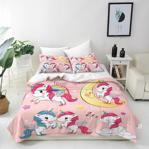 ANHOPE Einhorn Regenbogen Mond Bettwäsche Set 2 Teilig Bettbezug 100x135 cm + Kissenbezug 40x60 cm Weich Microfaser Bettbezüge Set mit Reißverschluss Bettdeckenbezug für Kinder Mädchen