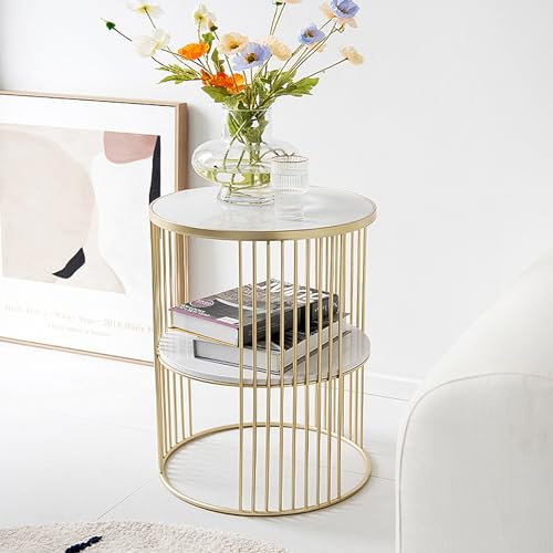 Zouron Couchtisch Gold Beistelltisch Rund 45x45cm aus Weiß Marmor mit Goldenen Metallgestell Telefontisch Wohnzimmertisch Weiß 2 Ablage Ebenen Stauraum 50cm Hoch für Wohnzimmer (Weiß-1pcs)