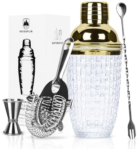 Raisaplin Lot de 4 outils de mélange pour boissons, mixologue en acier inoxydable, mini ensemble de bar à domicile – Shaker en verre, passoire à ressort serrée, cuillère à cocktail, double doseur –