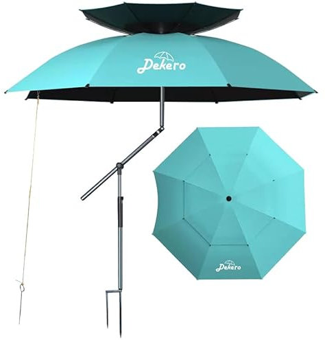 Dekero - Ombrello da Spiaggia, 2,4 m Antivento, Protezione dai Raggi UV, con Ancoraggio a Sabbia, palo inclinabile in Alluminio, Borsa da Trasporto per Spiaggia, Patio, Giardino, Pesca all'aperto