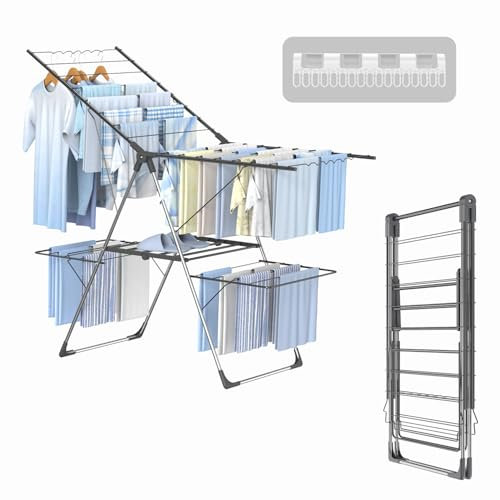 Innotic Klappbar Wäscheständer mit 3 Höheneinstellungen, Standtrockner mit 4 Flügeln,58x142x88cm,Rostfreies Material, Standfester Flügelwäschetrockner für drinnen und draußen