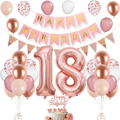 18. Geburtstag Deko Roségold, Luftballon 18. Geburtstags, Geburtstagsdeko 18 Jahr, Mädchen 18 jahre Geburtstags Deko-Set, Zahl 18 Luftballons Tortendeko Roségold Weiß Ballons für Geburtstag Party Deko