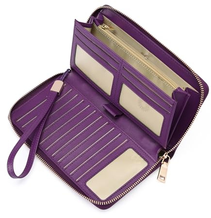 GOIACII Geldbörse Damen Groß RFID Schutz Leder Portemonnaie für Damen Große Kapazität Brieftasche mit Abnehmbare Handschlaufe Lila